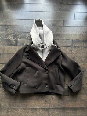 Zara Cropped Peacoat with Removable Grey Hood - NEW